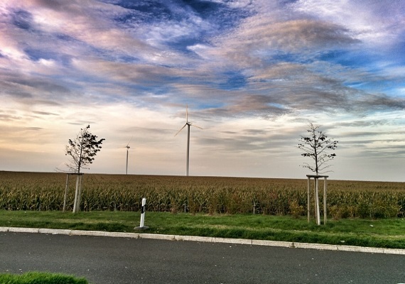 Wind turbines near German autobahn.